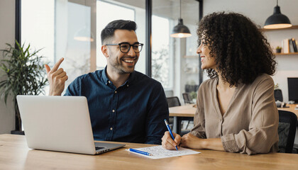 Obraz premium Office Collaboration: Happy Colleagues Discussing a Project at a Desk with a Laptop