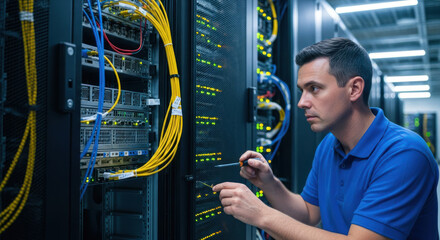 Focused IT Professional Maintaining Server Rack in Modern Data Center