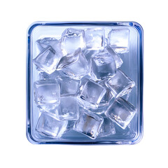 Blue Plastic Ice Box Container with Ice Cubes on Background