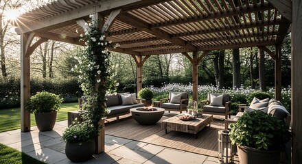 Modern Outdoor Patio with Wooden Pergola, Comfortable Seating, and Fire Pit for Relaxation in a Lush Garden Setting