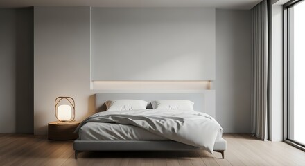Minimalist Modern Bedroom Interior Design with Comfortable Grey Bed, Warm Ambient Lighting, and Hardwood Floor