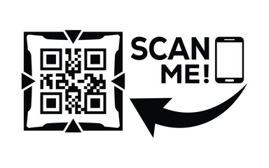 Minimalist black QR code graphic with frame, bold “SCAN ME!” text, smartphone outline, and curved arrow on white background. Clean, modern, digital design for tech or marketing use.