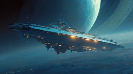 Majestic Futuristic Spaceship Navigates Ethereal Nebula Near Ringed Planet.