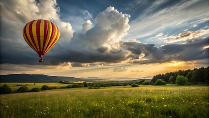 Obraz premium Hot Air Balloon Flying Over Green Field at Sunset