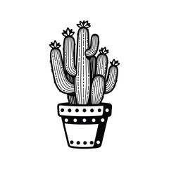 Whimsical hand drawn cactus plant in a decorative pot with blooming flowers artistic line art