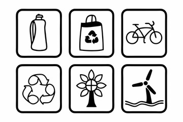 Minimalist Eco Lifestyle Icon Set Black Line Art Vector Illustration