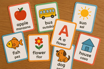 Colorful educational flashcards featuring words and images for children to learn vocabulary