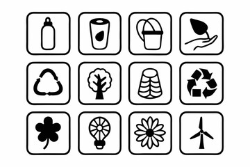 Minimalist Eco Lifestyle Icon Set Black Line Art Vector Illustration