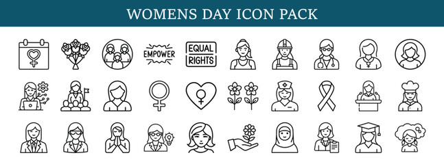 Women’s Day icon set with empowerment and equality symbols, Line icon pack for International Women’s Day featuring empowerment, equal rights, professions, flowers, and celebration of women worldwide.
