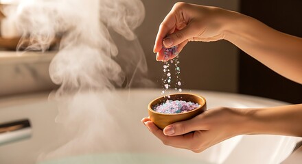 A person adds relaxing bath salts from a wooden bowl into a hot, steaming bathtub for a home spa treatment.