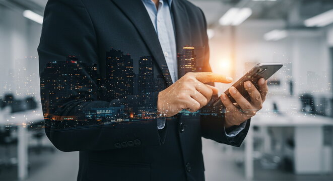 Businessman Using Smartphone with Cityscape Overlay - Modern Business and Technology