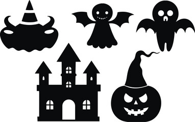 Spooky halloween silhouettes with haunted castle, scary pumpkin face, flying ghost, cute bat monster, witch hat decoration