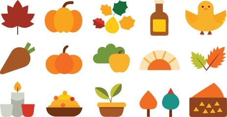 Vector art of collection of autumn and harvest icons including pumpkins, leaves, a turkey, candle, and more