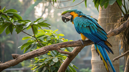 Blue and yellow macaw perches on branch. Captures colorful feathers in natural light. Ideal for wildlife posters, nature branding, educational materials.