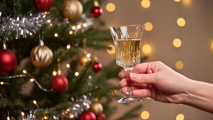 Christmas tree with red and gold ornaments in background and hand holding elegant glass of champagne in warm festive lights