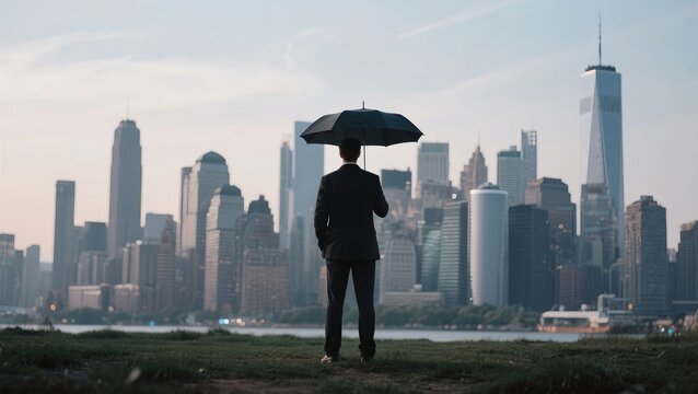 Businessman with umbrella overlooking city skyline at dusk