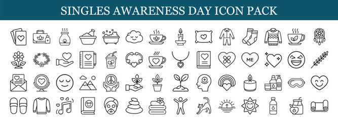 Singles Awareness Day icon set for self care, Line icon pack for Singles Awareness Day featuring self love, relaxation, wellness, mindfulness, cozy home life, and positive vibes