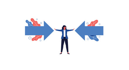 Fototapeta premium Woman trapped between two large opposing arrows symbolizing conflicting pressures and difficult choices