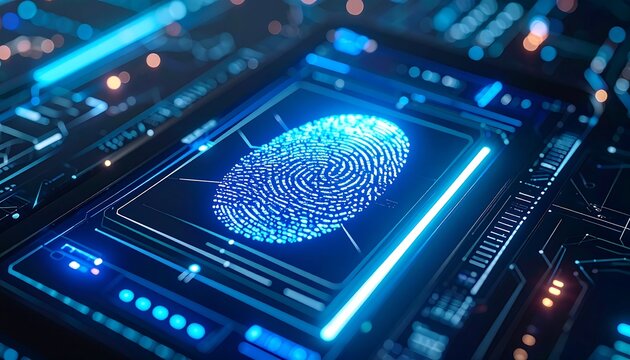 Futuristic fingerprint scan interface with glowing blue light and circuit board patterns