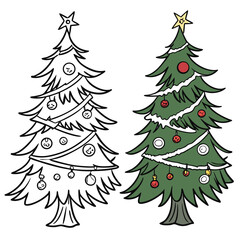 Vector art of two christmas trees, one outlined and one colored, decorated with ornaments and garland