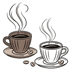 Vector art of two steaming cups of coffee with coffee beans on saucers
