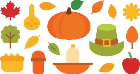 Vector art of collection of autumn harvest symbols including pumpkin, maple leaf, pilgrim hat, pie, and apple