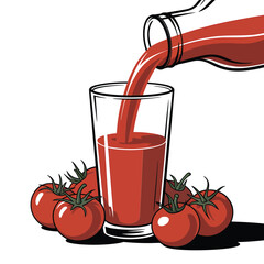 Fresh tomato juice being poured into a glass with tomatoes