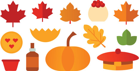Vector art of variety of autumn icons featuring maple leaves, pumpkin, pie, and hat