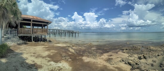 Coastal Landscape Featuring a Boardwalk, Cloud-Filled Skies, and Calm Water Panorama