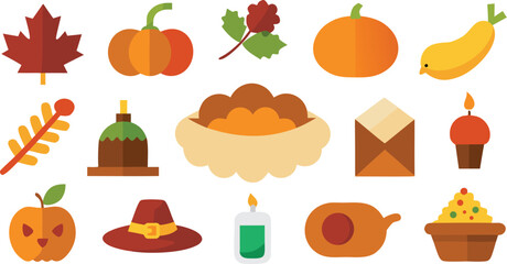 Vector art of assortment of autumn icons including pumpkins, leaves, and festive treats