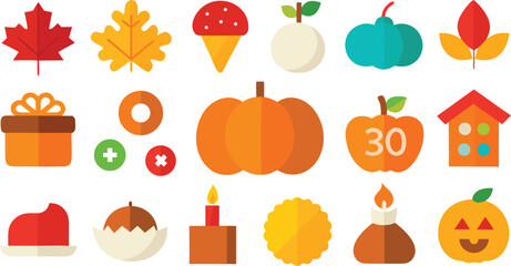 Vector art of variety of autumn themed flat design icons featuring pumpkins, leaves, and holiday symbols