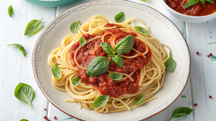 Pasta with red sauce on a plate sits on a light blue, rustic wood table. Illustrates food photography, restaurant menu design, or dietary posters.