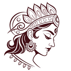 Vector art of elegant indian woman in traditional attire, featuring ornate headdress and jewelry