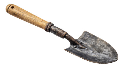 Rustic hand trowel with weathered handle on transparent layout, a gardening essential tool