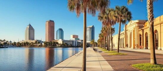 Stunning Cityscape by the Waterfront, Showcasing Skyscrapers and Palm Trees in Sunlight
