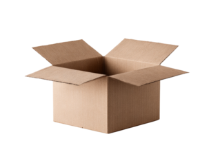 Open corrugated cardboard box with flaps, isolated against a transparent backdrop, perfect for