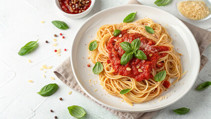 Golden spaghetti with red tomato sauce and basil sits on a white plate on light textured surface for restaurant menus.