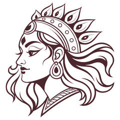 Vector art of line art illustration of a hindu goddess durga in profile
