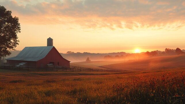 Orange sunset over rustic farm with old countryside house
