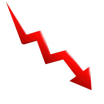 Red 3D Arrow Pointing Downwards in a Jagged Line Against Black Background decline isolated on a transparent background