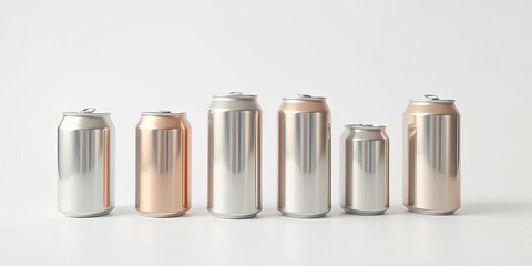 Several compressed aluminum cans, various sizes, isolated on pure white background,  macro,  beverage