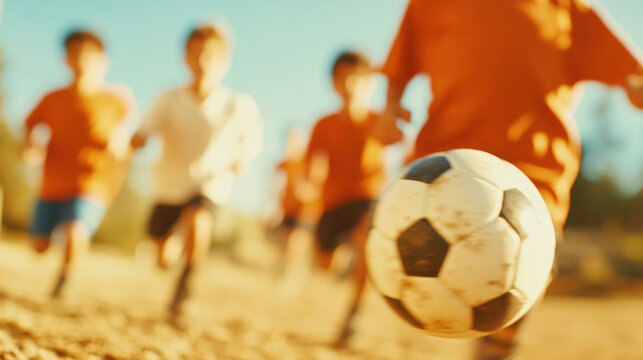 Children playing soccer on a sunny day with enthusiastic energy and community spirit