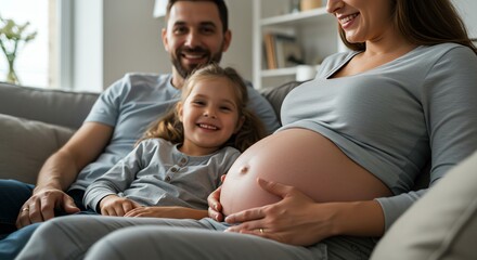 Pregnant woman with child and partner on sofa