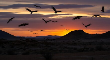 Obraz premium Birds flying over a desert landscape at sunset with mountains in the background.
