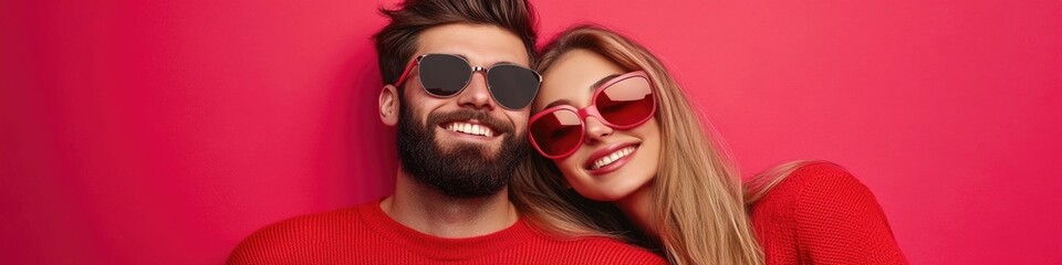 A man and woman in sunglasses, both wearing red sweaters, pose for the camera against an isolated, vibrant pink background.