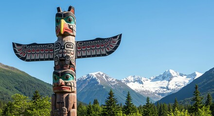 Totem pole against mountain landscape