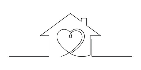 Minimalist single line drawing of a house with a heart symbol inside love home concept