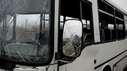 Broken windshield of bus with accident damage, cracks and damage to mirror, vehicle crash
