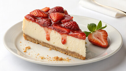Creamy cheesecake with red strawberry topping sits on a white plate. Food blog, menu design, or food presentation.