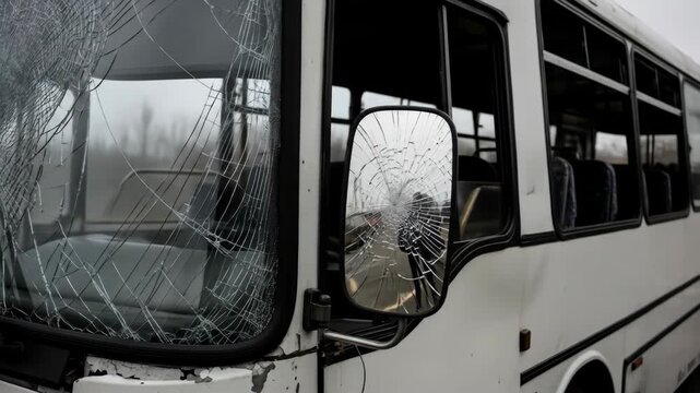 Broken windshield of bus with accident damage, cracks and damage to mirror, vehicle crash
